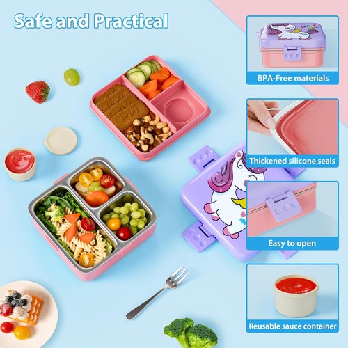 Freshmage Stainless Steel Bento Box - Large Capacity, Leakproof & BPA-Free | 3 Compartments, Pink