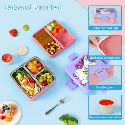 Freshmage Stainless Steel Bento Box - Large Capacity, Leakproof & BPA-Free | 3 Compartments, Pink