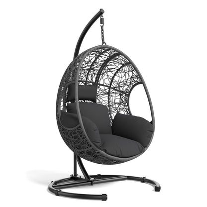 KEIKI Hanging Egg Chair with Stand Outdoor, 400LBS Capacity Patio Swing Chair with Cushion, Weatherproof PE Rattan Hammock Chair for Bedroom Balcony Garden, Waterproof Cover Included, Grey
