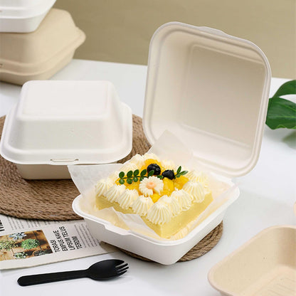 ToppYuanZea 150 Pack Clamshell Food Containers with Lid, 6 x 6 Inches Disposable Take Out To-Go Containers, White Bagasse Bento Box for Hamburger Sandwiches Chips, Microwave/Freezer Safe