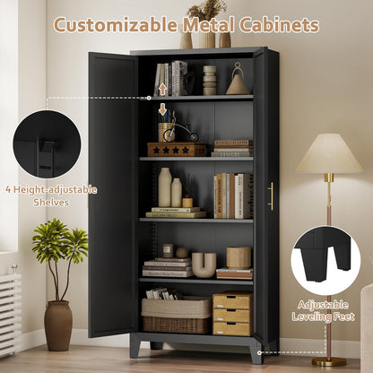 Zevemomo 70.87" H Metal Kitchen Pantry Cabinet, Freestanding Cupboard with 2 Doors and 4 Adjustable Shelves, Tall Metal Storage Cabinet for Kitchen, Bathroom, Dinning Room or Laundry Room （Black）
