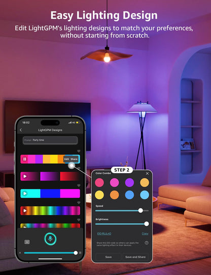 Lepro B1 AI Smart Light Bulbs - WiFi & Bluetooth RGBWW Color Changing LED Bulb Compatible with Alexa & Google Assistant, AI Generated Lighting LLM, AI Voice Control, Music Sync, 2.4GHz Only, 2 Pack