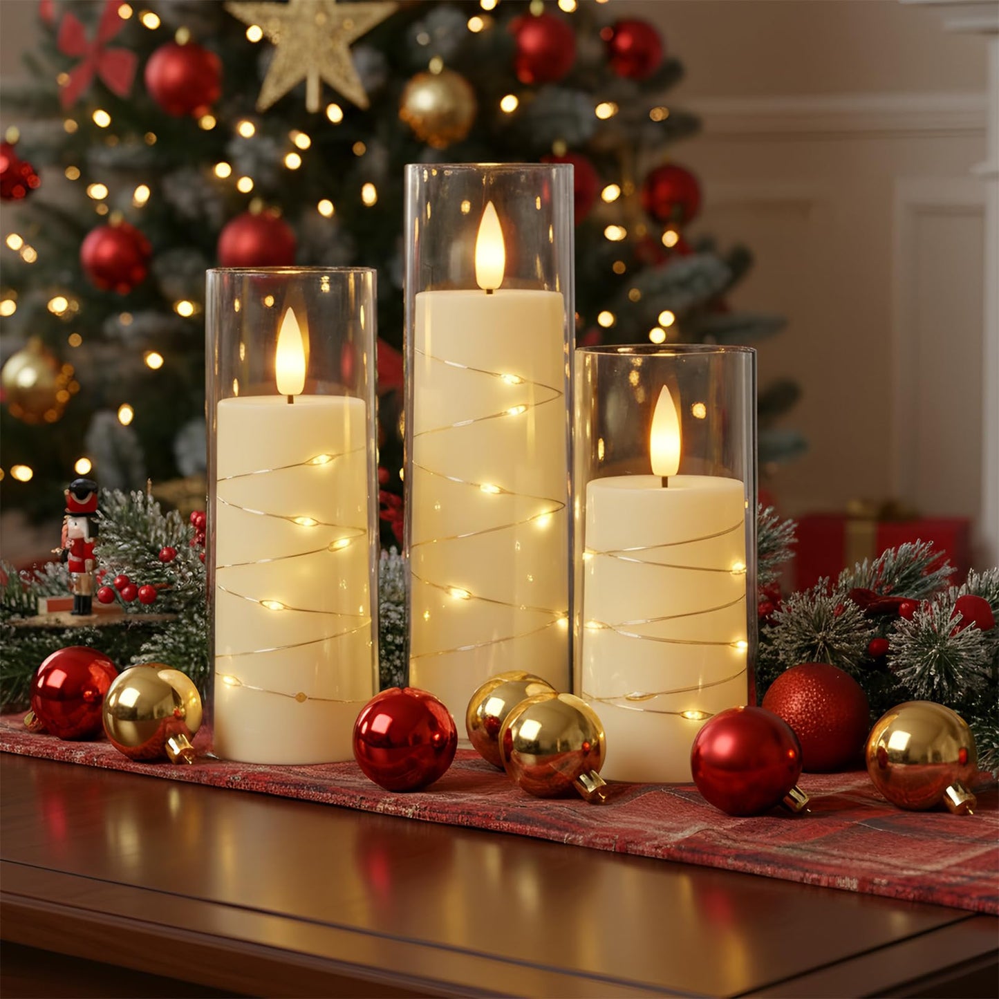 Raycare Flameless Candle with Remote Timer – 9 Flickering Acrylic Battery Operated LED Pillar Candles with Embedded Star String for Christmas, Wedding, Home Decor, and as a Gift (Ivory White)