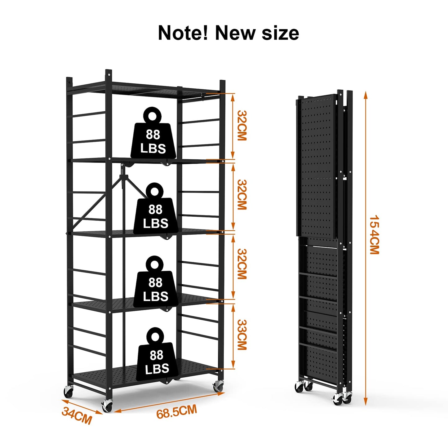 Himix Storage Shelves with Hooks, No Assembly Metal Folding Shelf on Wheels for Kitchen
