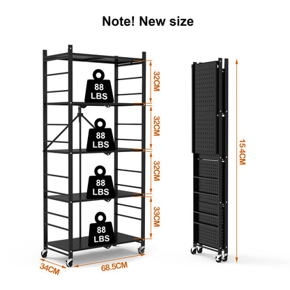 Himix Storage Shelves with Hooks, No Assembly Metal Folding Shelf on Wheels for Kitchen