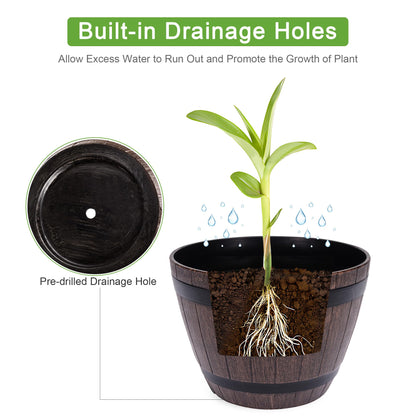 VECELO Plant Pots with Drainage Holes & Saucer, 9/11.3/13 Inch Flower Pots with Tray, 3 Pack Plastic Whiskey Barrel Planters for Indoor & Outdoor Garden Home Plants and Flowers