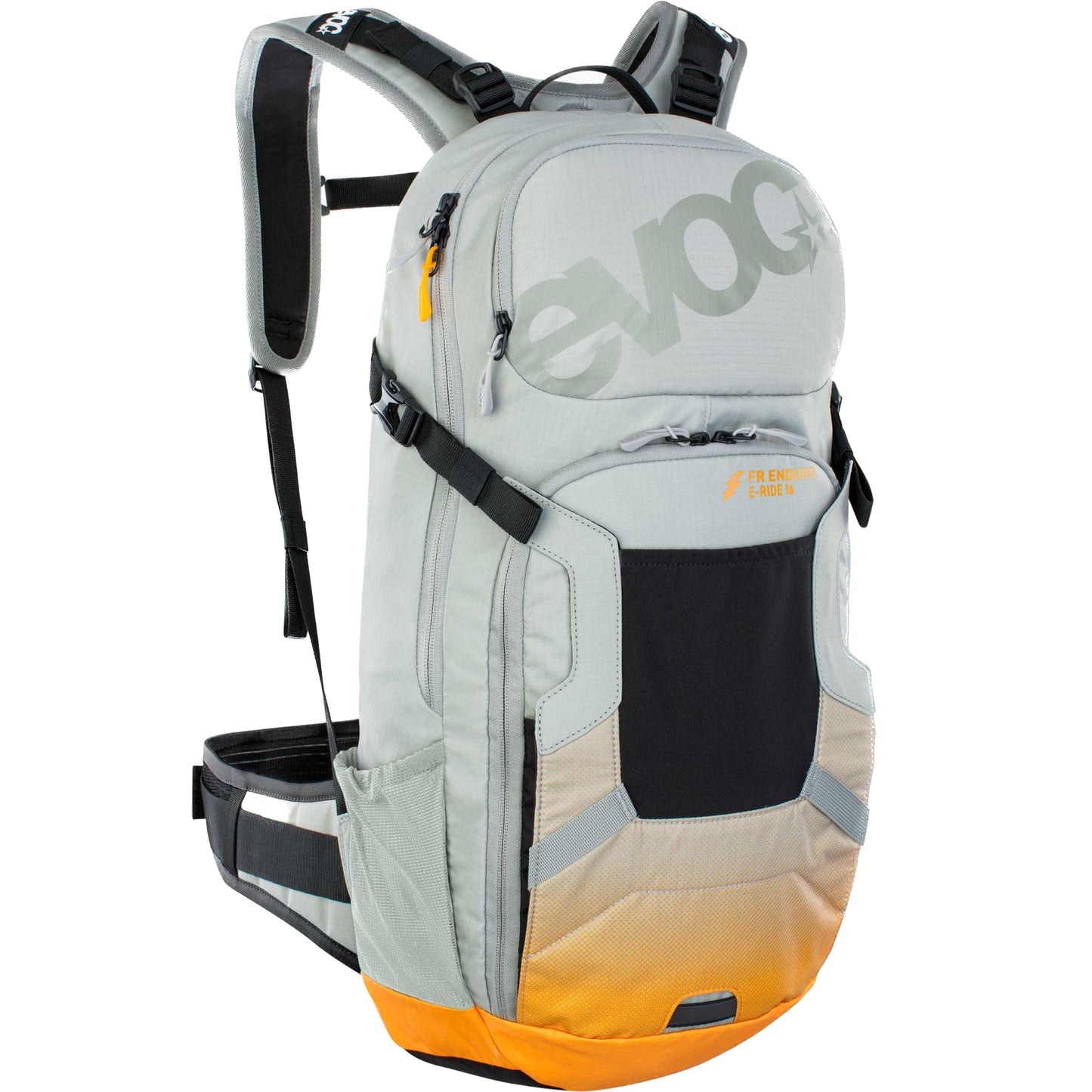 EVOC FR ENDURO E-Ride 16 E-Bike Backpack, Bike Rucksack (Padded Compartment for Spare Battery, Belt Fixing System, Control Display Pocket, Liteshield Back Protector), Stone Grey/Light Orange