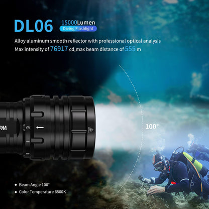 Wurkkos DL06 Dive Light, 15000 Lumens Scuba Diving Light, Type-C Rechargeable, 6*XHP50 LEDs, 100 Degrees Narrow Beam Angle, IPX8 Waterproof Flashlight for Night Diving Cave Exploration - 6000K