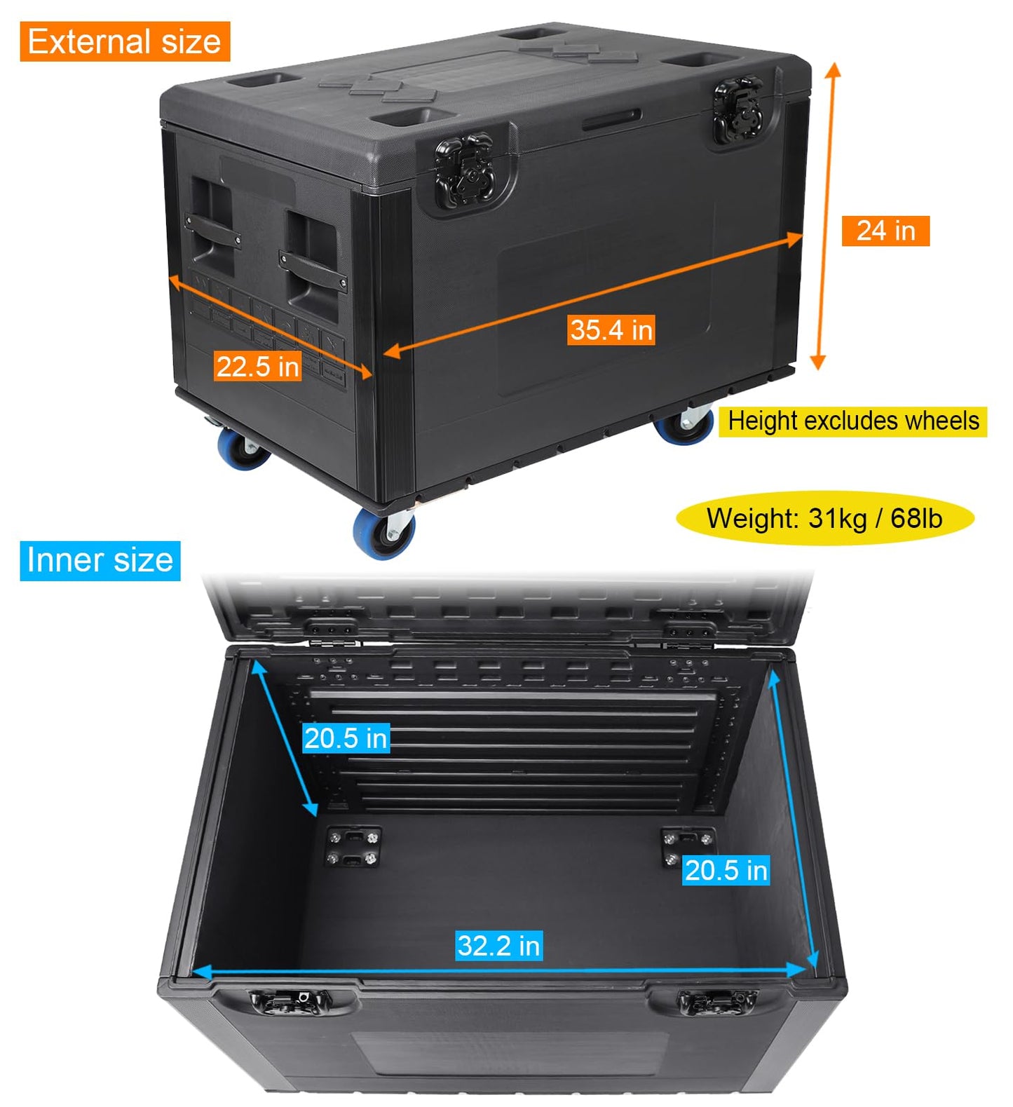 Diandian Utility Cable Trunk Road Case with Wheels, 35" x 22" x 24" Professional Stackable Heavy Duty ATA Rolling Road Case, for Pro Audio & DJ Equipment Storage, Transport for Touring with Casters
