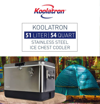 Koolatron Ice Chest Cooler - Portable Ice Bucket with Bottle Opener, Vintage Style, Insulated for Camping, Beach, Picnic, RV, BBQs, Tailgating, Fishing, Stainless Steel 85 Can Ice Box, 51L (54 qt)
