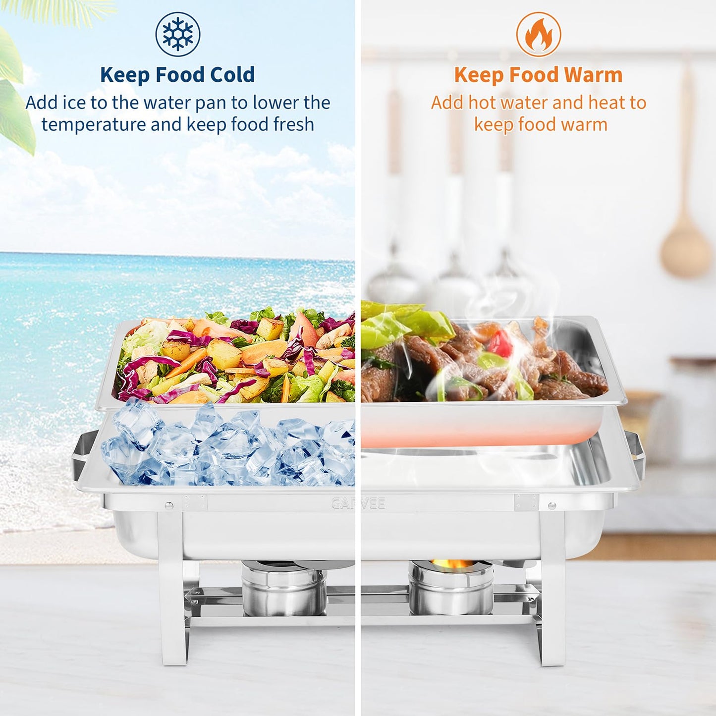 Garvee 4 Pack Chafing Dish Buffet Set, 8 Qt Rectangle & 5 Qt Round Stainless Steel Chafers and Food Warmer Sets with Lid, Food & Water Pan and Fuel Holder for Events, Parties & Holiday Catering