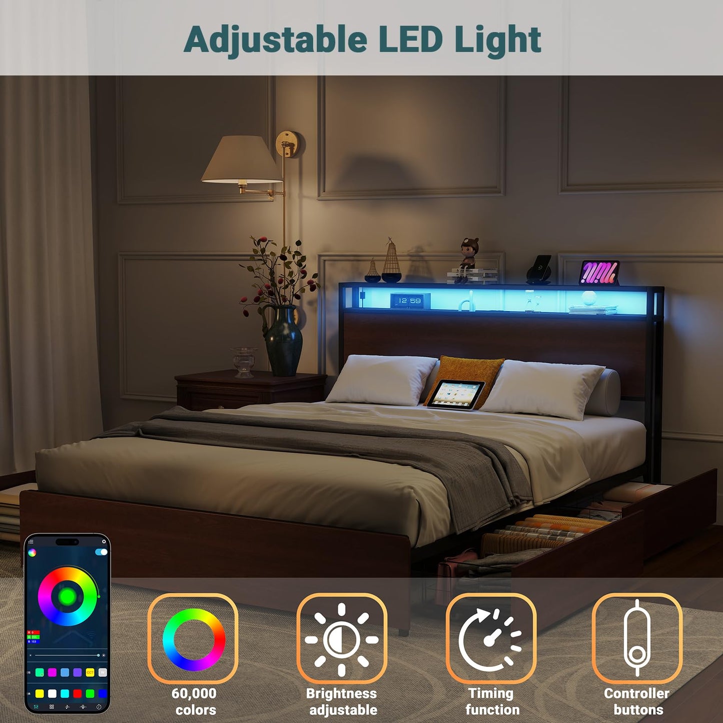Zevemomo Full Size Bed Frame with 4 Storage Drawers, Full Platform Bed Frames with 2 Tier Storage Headboard, Charging Station, Adjustable LED Light, Noise-Free, No Box Spring Required, Reddish Brown