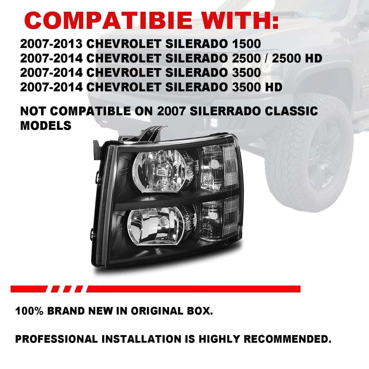 ISHARINGAUTOPARTS Headlight Assembly Compatible with 2007-2013 Chevy Silverado 1500, for 2007-2014 Silverado 2500 3500 2500HD 3500HD Replacement Headlamp Black Housing Clear Reflector