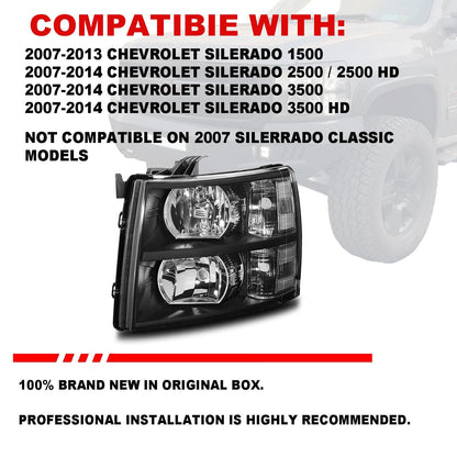 ISHARINGAUTOPARTS Headlight Assembly Compatible with 2007-2013 Chevy Silverado 1500, for 2007-2014 Silverado 2500 3500 2500HD 3500HD Replacement Headlamp Black Housing Clear Reflector