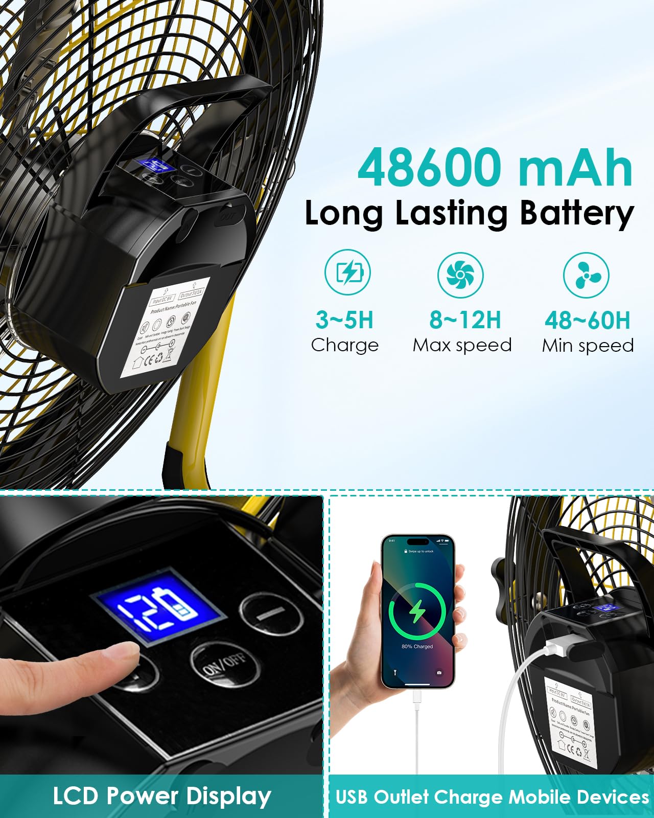 ZHULI 18" Solar Fan, Portable Battery Operated Floor Fan, Rechargeable Cordless Camping Fan, 40W Solar Panel, Hi-Velocity Brushless Motor, Metal blade, USB Phone Charge, 8~60H Runtime, Quiet, Wireless