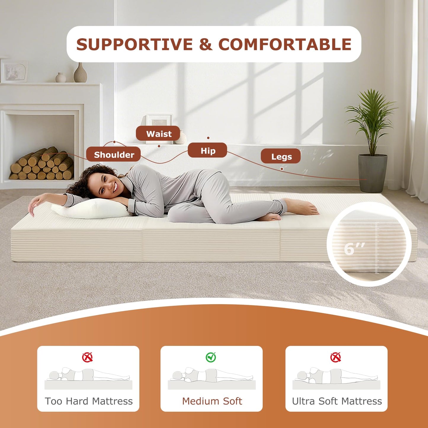 6-Inch Tri-Fold Foldable Mattress, Folding Sofa Bed with Removable Washable Cover, Portable Futon Mattress Full Size Floor Guest Mat with Non-Slip Bottom & Carry Handles for Camping (Beige, Queen)