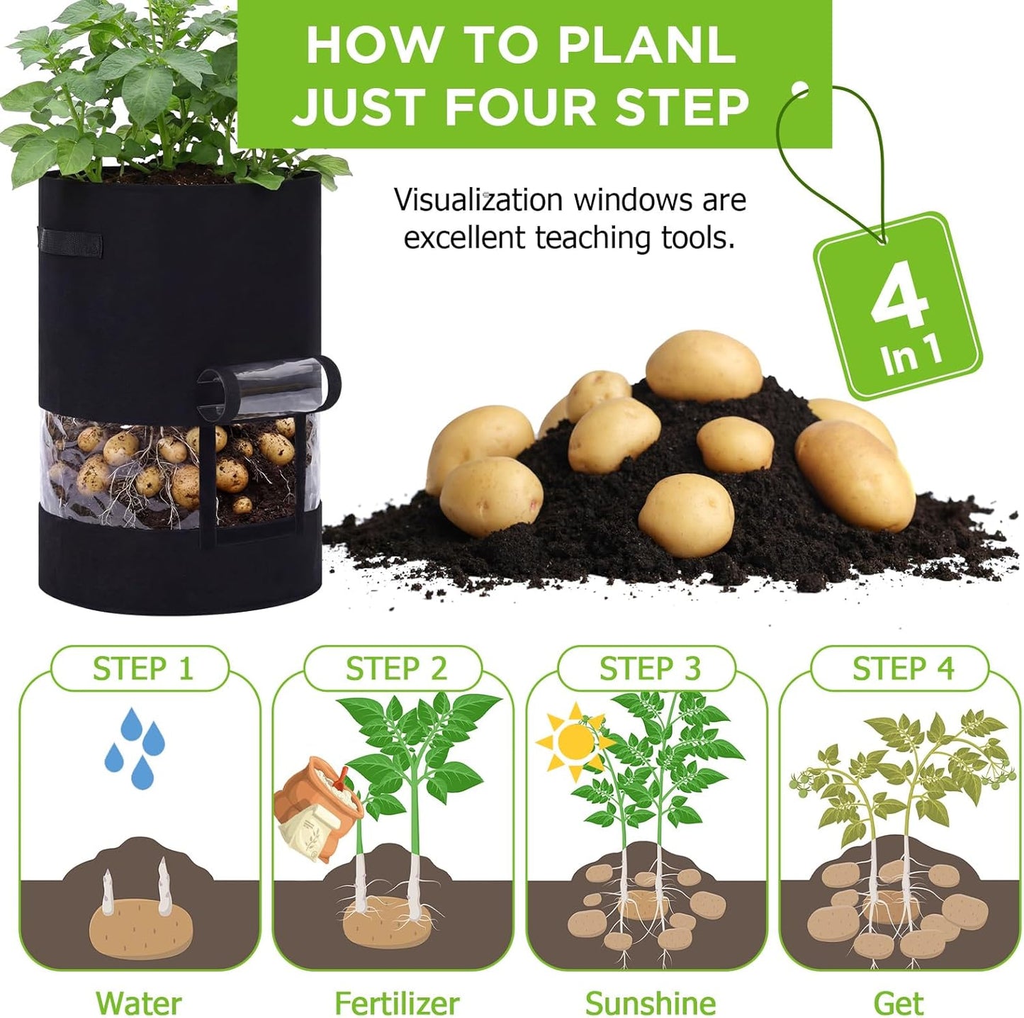 Baderke Potato Grow Bags - 2 Pack with Harvest Window & 360 Visibility | 30 Gallon, Black