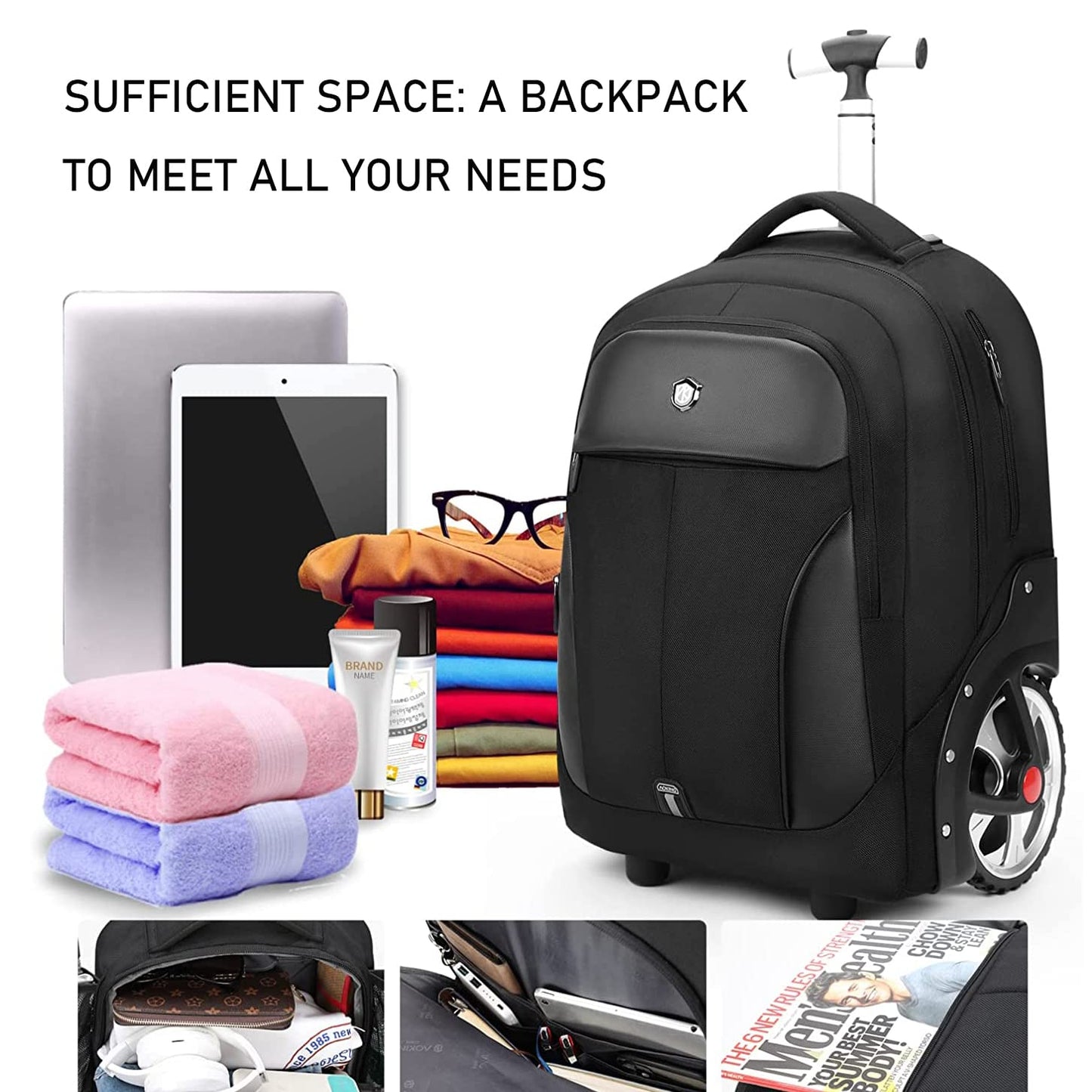 WMHYLYH Rolling Backpack with Wheels, Waterproof Backpack with Large Wheels for Business and Travel Commuter, Carry on Backpack with Laptop Compartment for Women and Men Adult (Blue, 20inch)