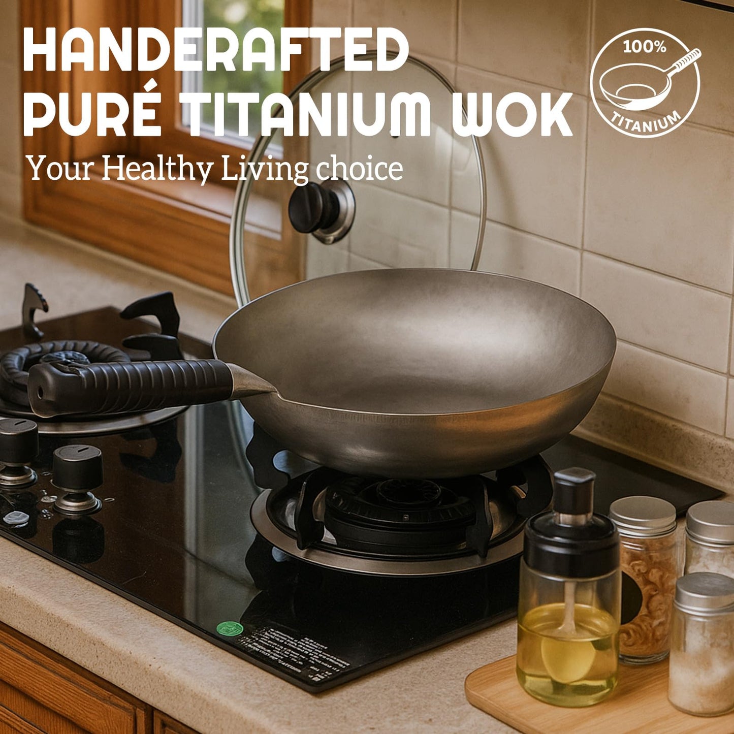 Yiyiring Pure Titanium Wok with Lid, Ultra Lightweight 2.5 Lbs Titanium Wok Single-piece Molded No Coating Rivetless Handcrafted Frying Pan Durable Cookware for Gas Stove Home & Outdoor Camping