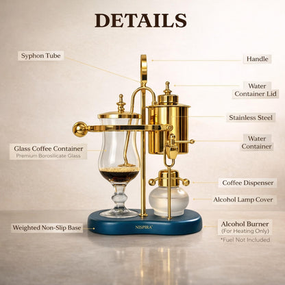 Nispira Belgian Balance Syphon Vacuum Coffee Maker, 500ml Vintage Gravity Brewing System, Gold & Peacock Blue Finish, Manual Tabletop Coffee Brewer