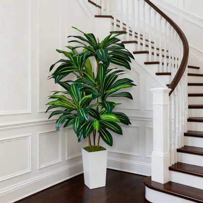 SJSCYD Dracaena Artificial Plants Indoor, 5FT Tall Faux Tree with White Tall Planter, Fake Yucca Tree Floor Plant, Artificial Trees for Home Office Living Room Garden Decor Outdoor, Housewarming Gift