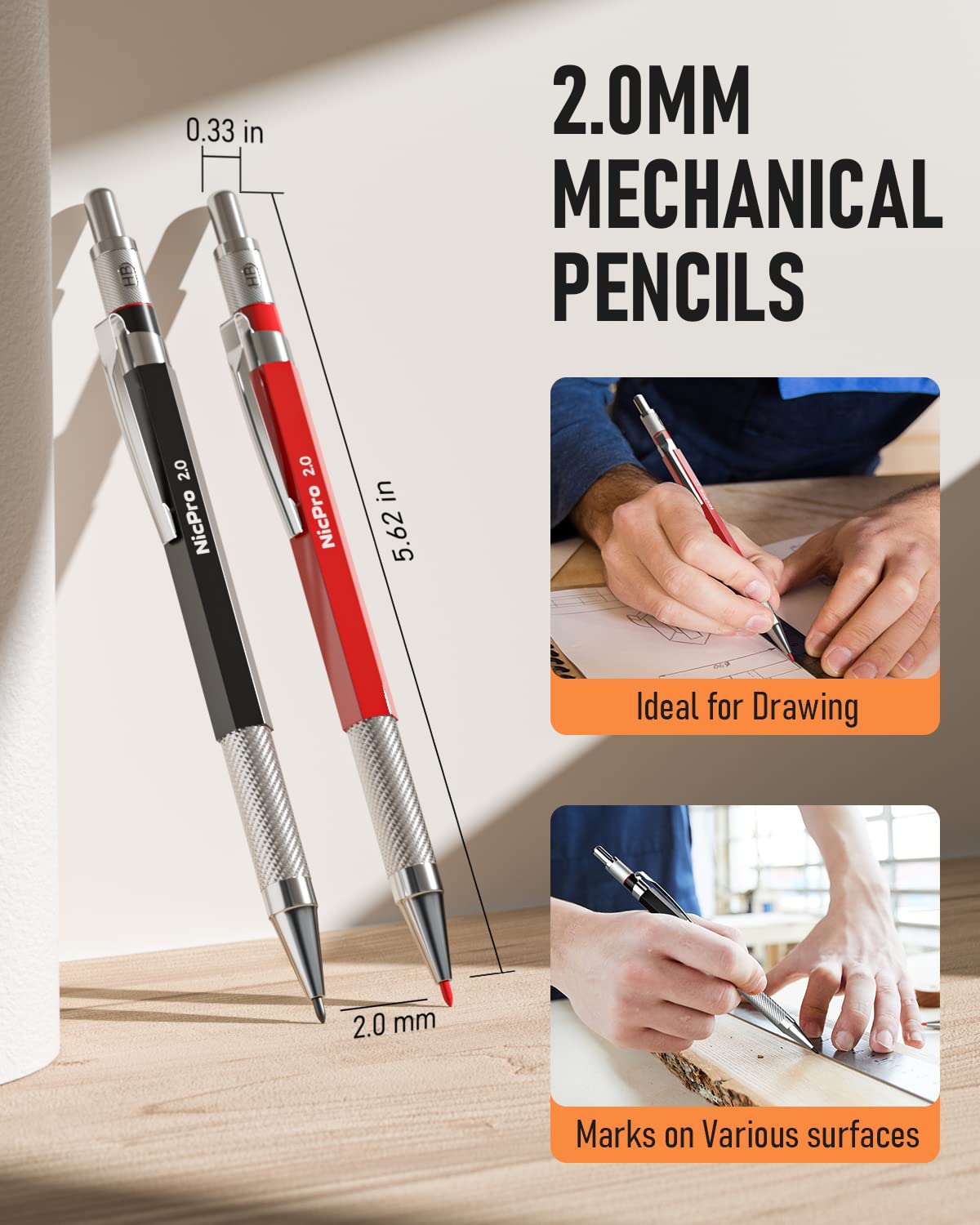 Nicpro 18 Pack Carpenter Pencil Set with Sharpener, Mechanical Carpenter Pencils with 76 Refills and Carbide Scribe Tool, Deep Hole Marker, Heavy Duty Construction Pencil for Architect-With Case