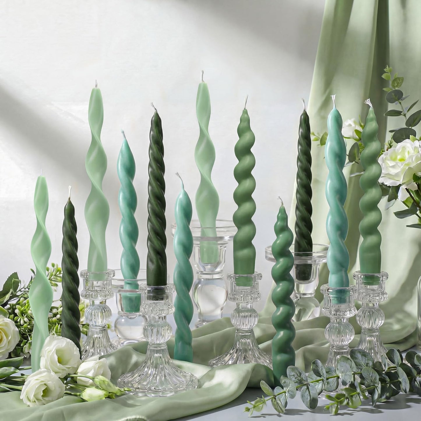 Nuanchu 12 Pcs Sage Green Spiral Taper Candles Teal Twisted Wax Candlesticks 7.5 Inch Short Green Spiral Wax Scented Taper Candles for Wedding Bridal Shower Birthday Party Dinner Table Centerpiece