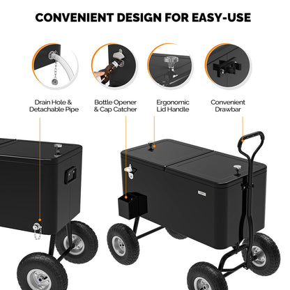 VINGLI 80 Quart Wagon Rolling Cooler Ice Chest, w/Long Handle and 10" Wheels, Portable Beach Patio Party Bar Cold Drink Beverage, Outdoor Park Cart on Wheels (Black-Wagon)