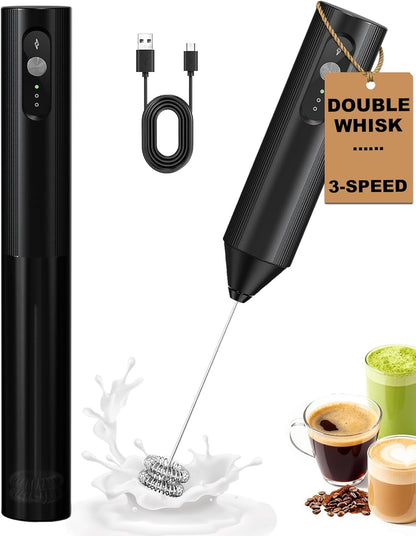 Skiennix 3-Speed Rechargeable Milk Frother - Dual Coil Whisk for Coffee, Matcha & Hot Chocolate | Portable Black Handheld Wand