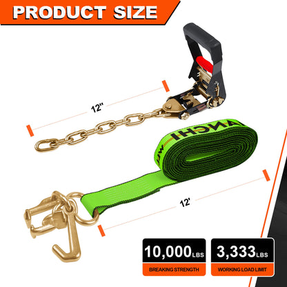 Mimanchi 2" x 12' RTJ Cluster Hook Ratchet Straps with 8 Point Chain, 4 Pack - Heavy Duty Tow Strap for Trucks, Trailers, and Car Haulers - Wheel Tie Down Straps for Tow Trucks & Auto Transport