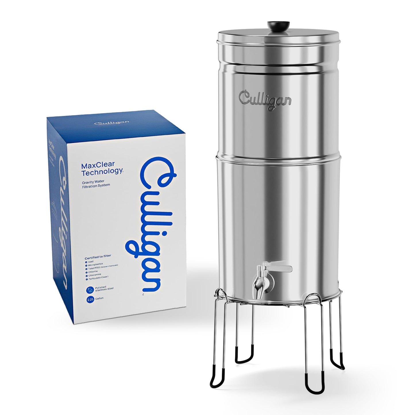 Culligan MaxClear 2.25 Gallon Gravity Water Filter System, Brushed Stainless-Steel Countertop Water Filter NSF/ANSI Certified to Reduce Microplastics, Lead & Total PFAS, with 1 Ceramic Filter