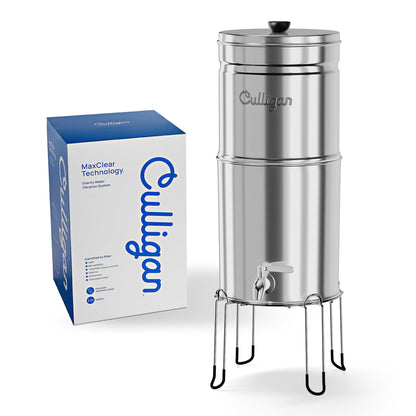 Culligan MaxClear 2.25 Gallon Gravity Water Filter System, Polished Stainless-Steel Countertop Water Filter NSF/ANSI Certified to Reduce Microplastics, Lead & Total PFAS, with 2 Ceramic Filter