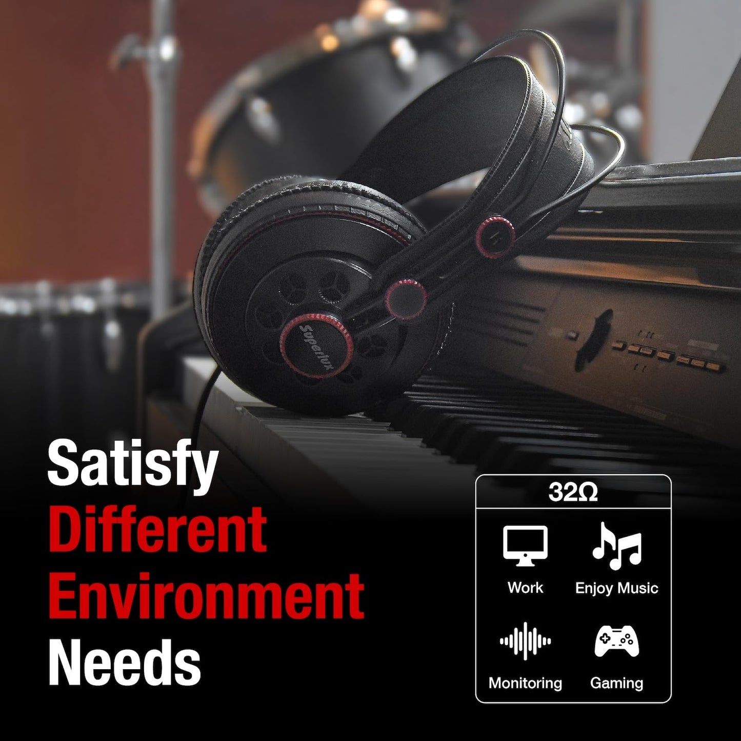 Superlux HD681 Semi-Open Studio Headphones, Wired Over-Ear with 50mm Neodymium Drivers, Single-Sided Cable, 10-30,000Hz, for Monitoring, Recording, Mixing, Podcast, Music