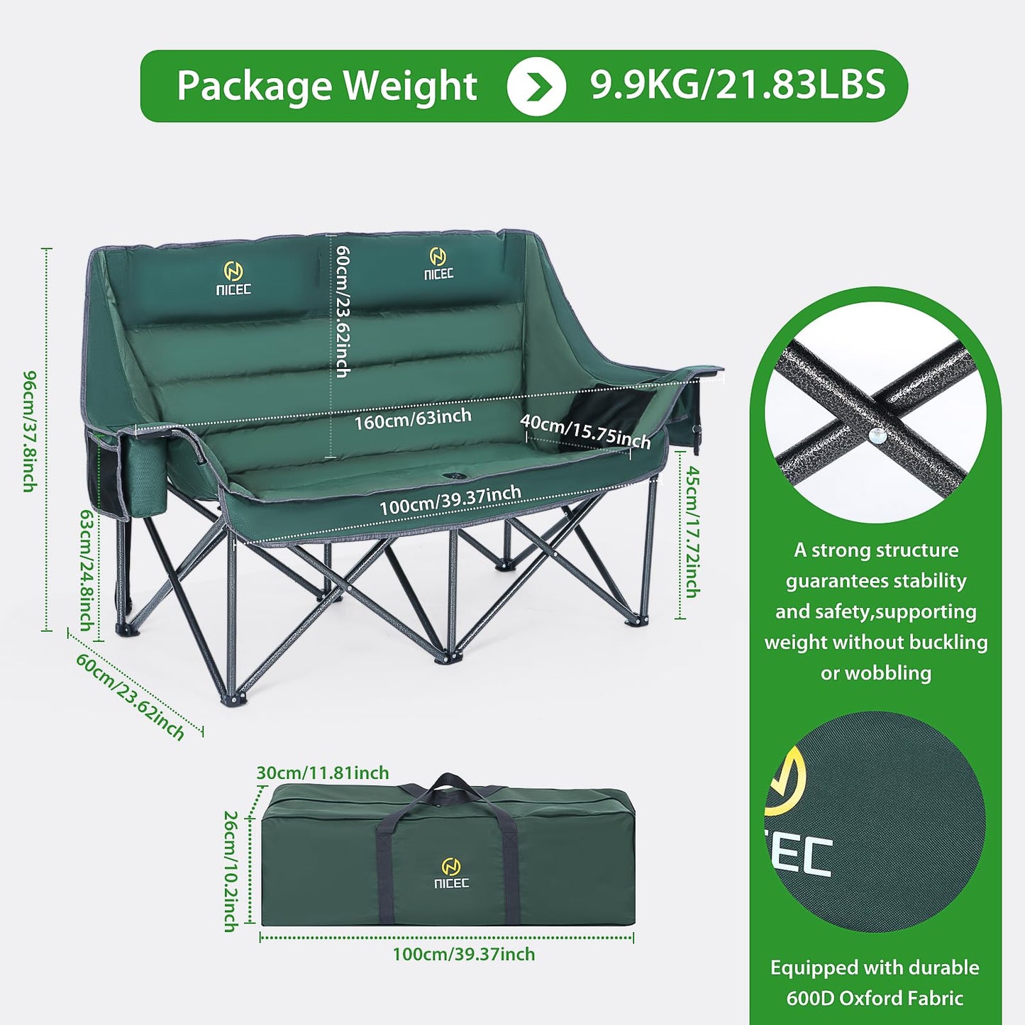 Nice C Double Padded Camping Chair, Oversized Loveseat Camping Chair, Outdoor Camping Couch for Adults, Folding Bench, Lawn Chairs, Extra Padded, with Cup Holder, Cooler Bag, Bottle Opener (Green)