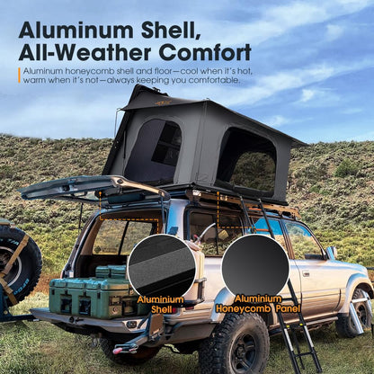 SanHima Rooftop Tent Hard Shell - Hotham Side Overland Aluminium Roof Top Tent Side-Open Design, Larger Space, Tri-Color LED Light & Skyview Window, for 2-3 People Car SUV Truck Camping