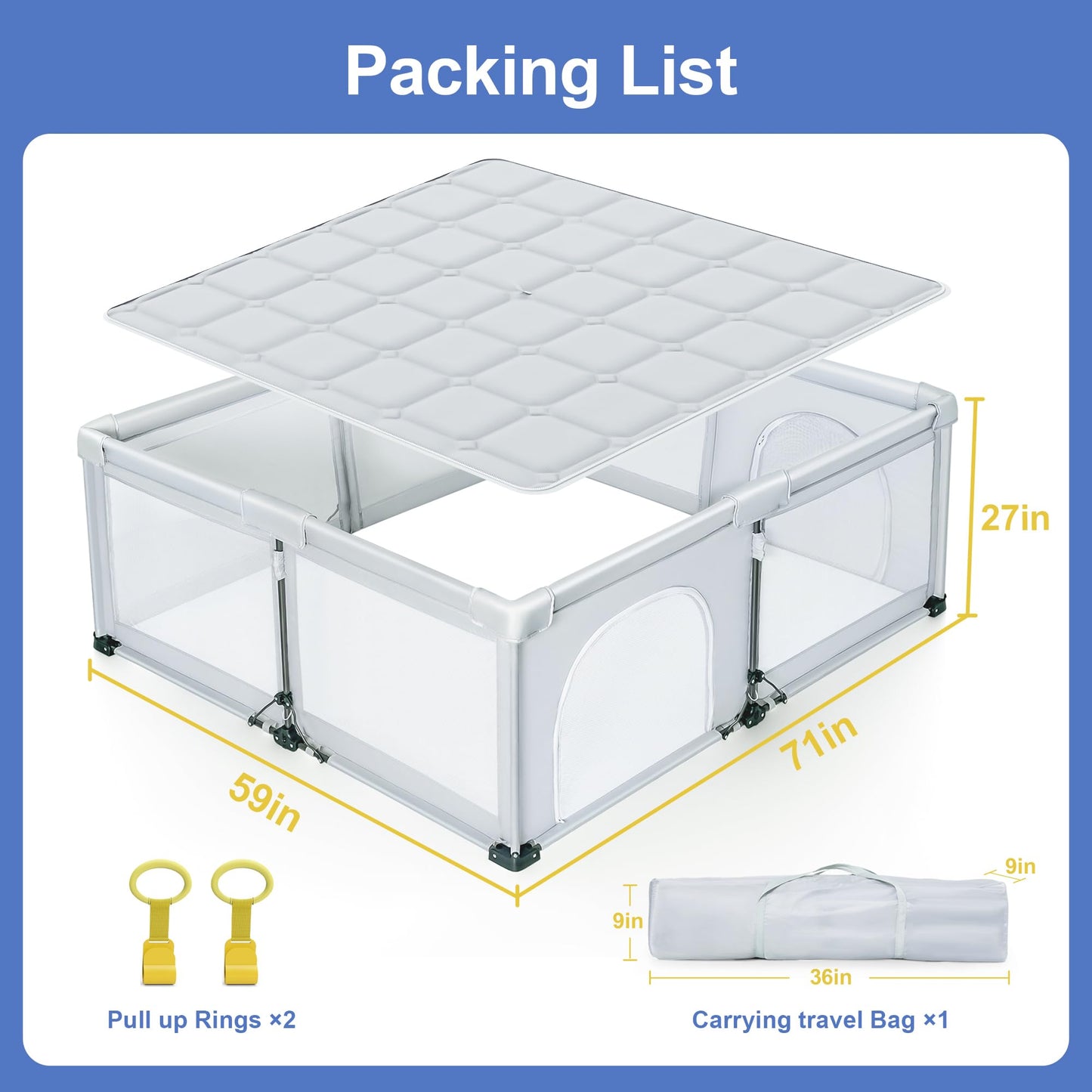 Foldable Baby Playpen with Detachable Thicken Mat, 59X71 in Foldable playpen for Babies and Toddlers, Indoor&Outdoor Portable palypen. Quick Installation&Quick Folding Baby Play Pen