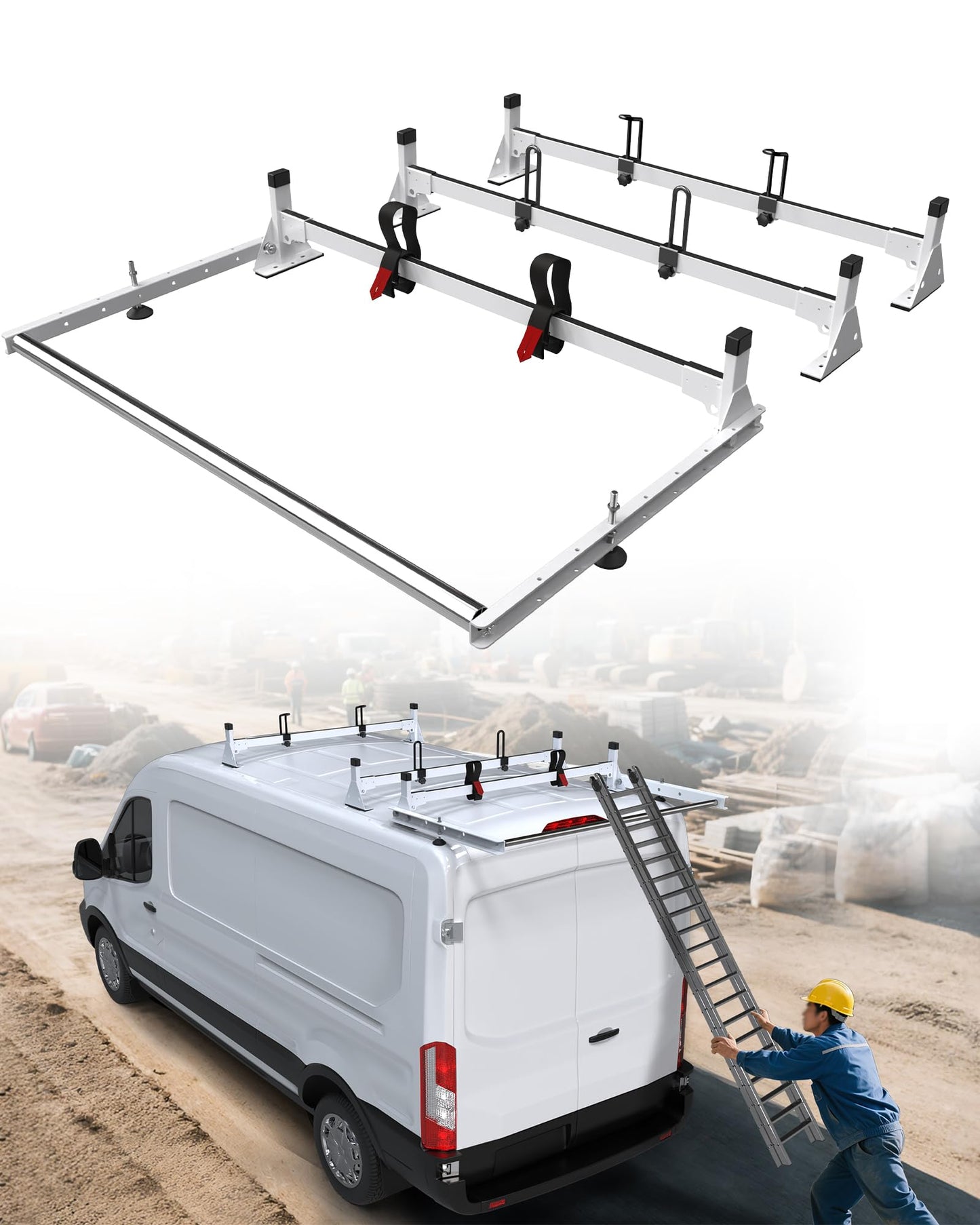 MELIPRON Cargo Van Roof Ladder Rack with Longer Rear Roller Fit for 2015-2026 Ford Transit 150 250 350, Low/Medium/High Roof, No Brake Light Block, 800 lbs Capacity Steel Rack, No‑Drill