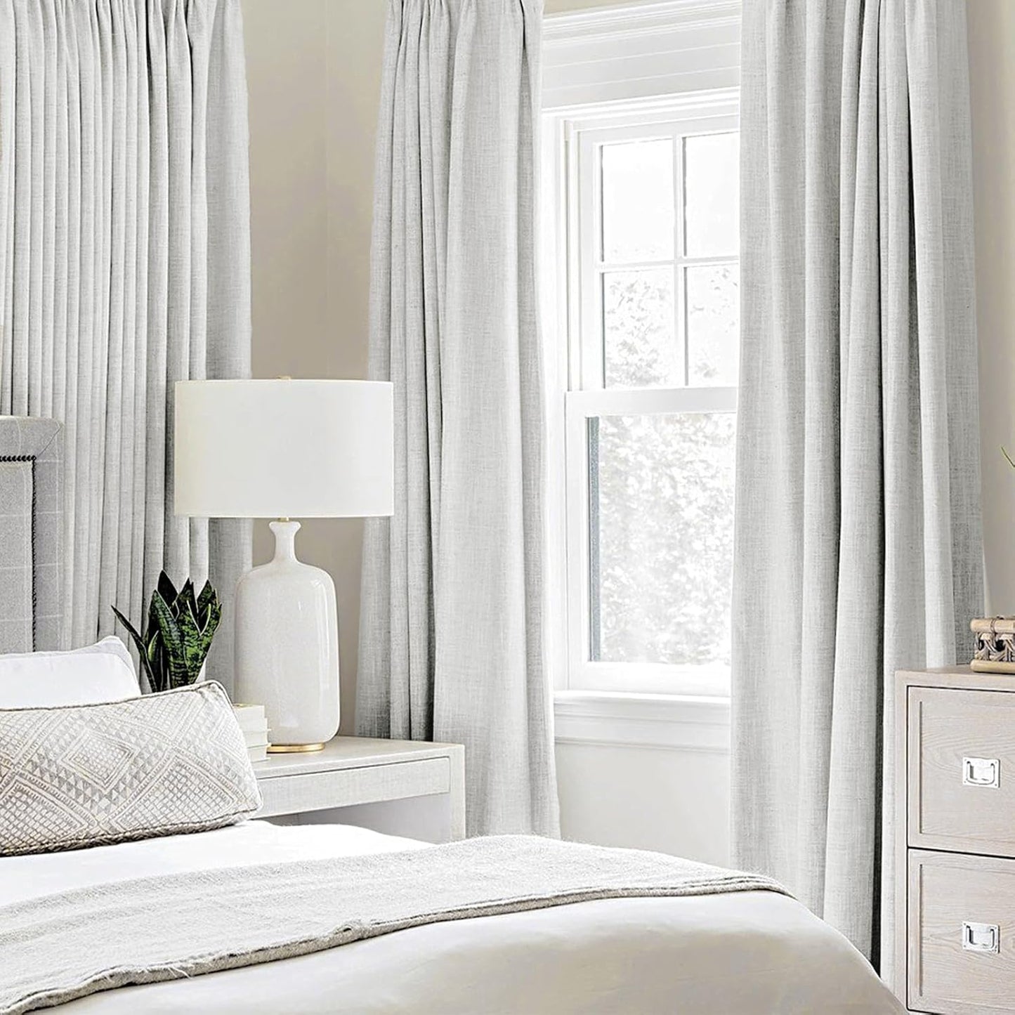 MIULEE Blackout Curtains - 100% Thermal Insulated Linen Textured Drapes | Heathered White, 52 x 45 Inch (2 Panels)