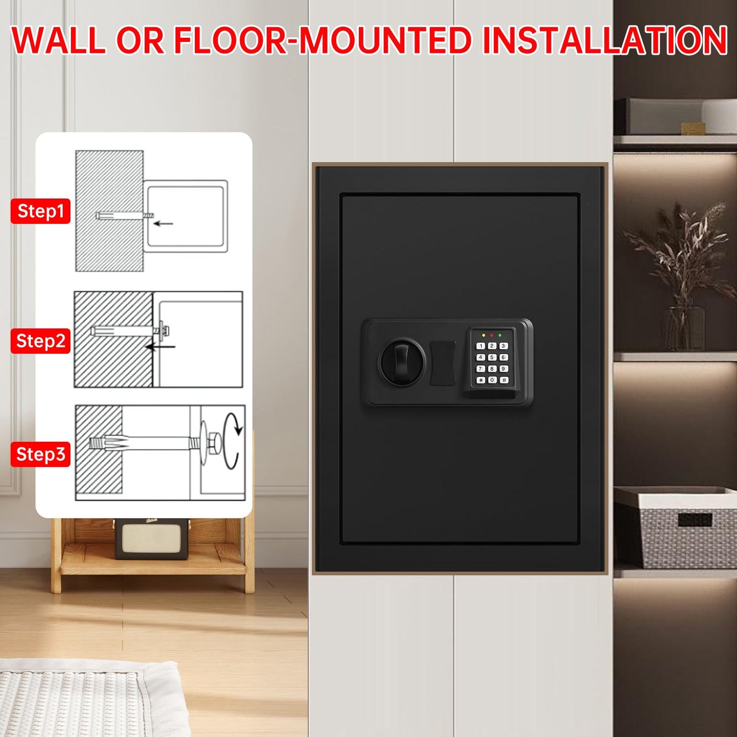 3.4 Cubic Home Safe Fireproof Waterproof, Fire Safe Box for Home with Digital Keypad, Key Lock and Alarm System, Anti-theft Security Safes Water and Fireproof for Document Medicine Money Valuables