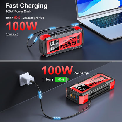 Jump Starter with Built-in Cable 16000A&59.2Wh, Portable Power Bank for 100W Dual-Way Fast Charging,12V SuperSafe Lithium Jump Box, Battery Booster Pack Up to (All Gas/14L Diesel)