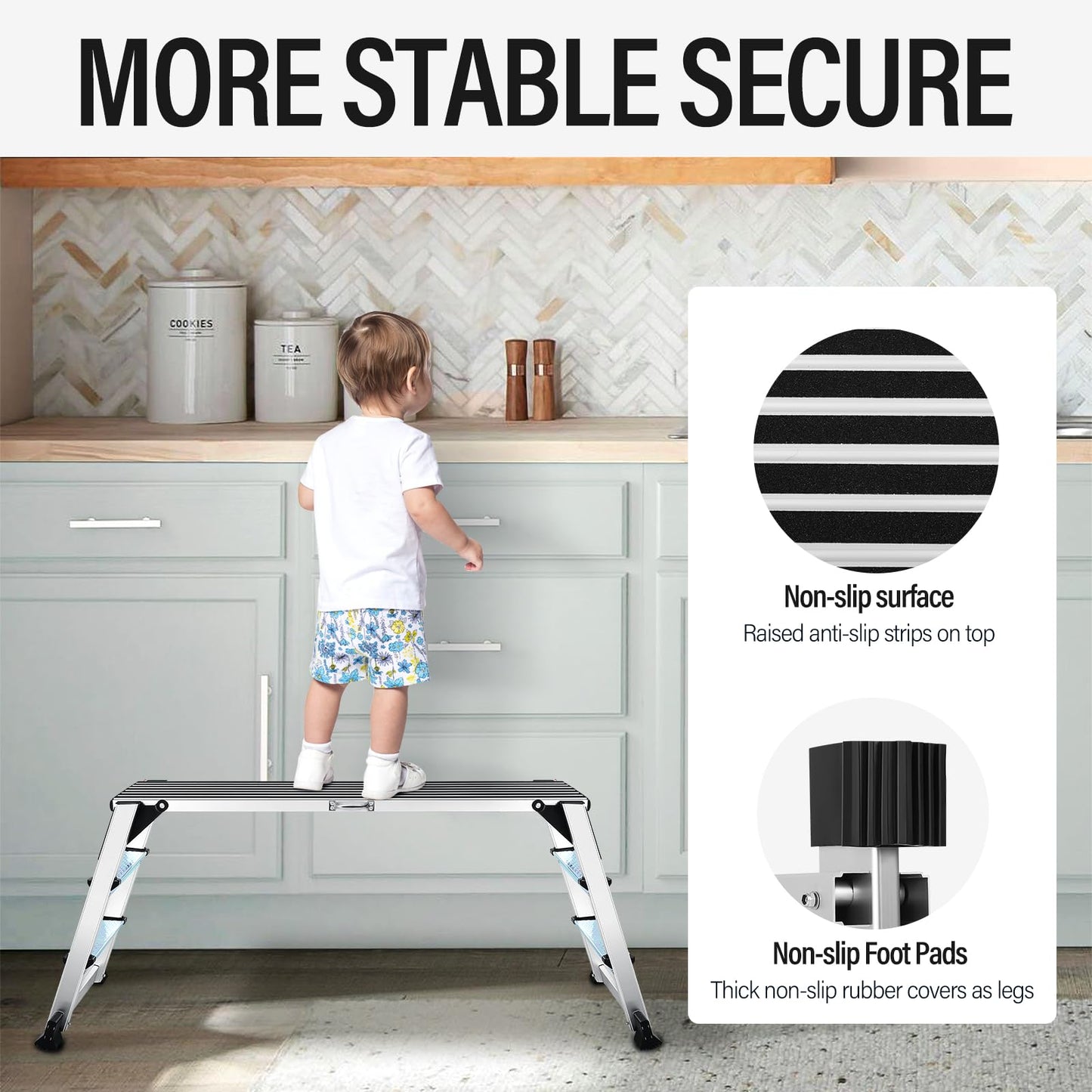 Work Platform, Folding Work Platform with Non-Slip, Aluminum Work Platform, Heavy Duty Step Ladder with Safety Lock, 45"×12"×27" Step Stool Foldable for Washing Vehicles Cleaning Painting
