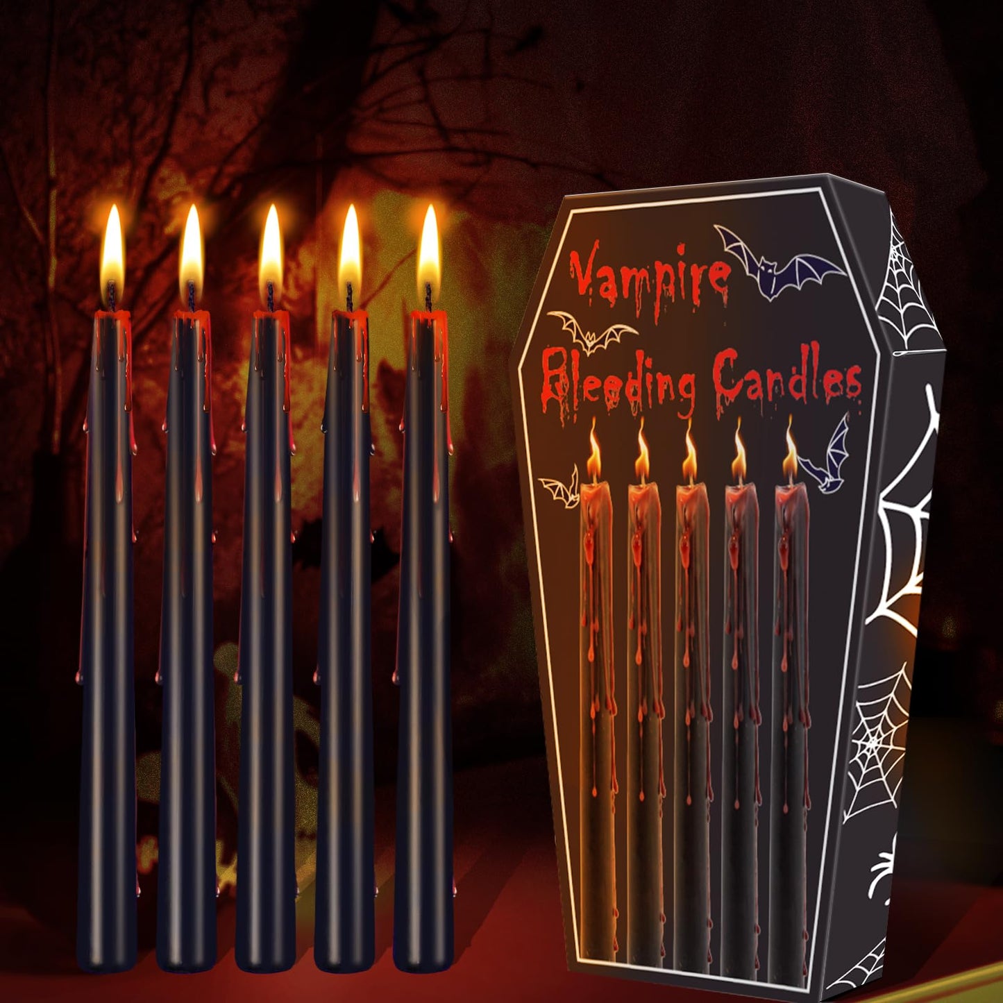 Kenburg Halloween Bleeding Candles Set of 5, 10 in Vampire Tears Black Taper Candles for Home Decor, Gothic About 8 Hour Burn, Party Spooky Decorations