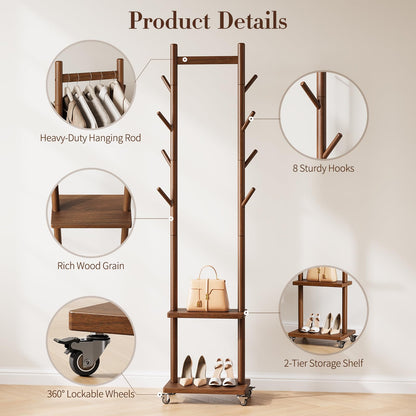 Yoobure Solid Wood Coat Rack Freestanding - Rolling Clothes Rack with 8 Hooks & Shelves, Small Clothing Rack with Wheels, Heavy Duty Clothing Racks for Hanging Clothes, Portable Hall Tree for Entryway
