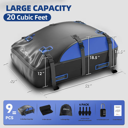 Asinking Car Rooftop Cargo Carrier Bag 20 Cubic Feet, 100% Waterproof Roof Bag Top Luggage Carrier for Any Vehicles with/without Rack Cross Bar, Includes Anti-Slip Mat +4 Door Hooks +Storage Bag +Lock