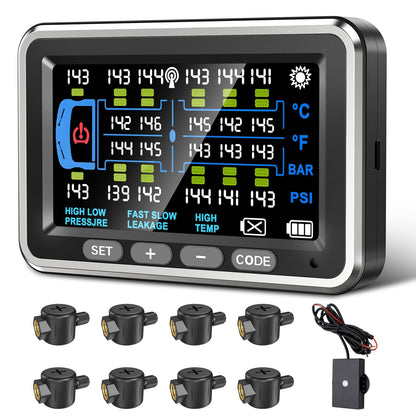 NLNE Trailer Tire Pressure Monitoring System 8 Sensors, 4.5" RV TPMS with Flow Through Sensor,6 Alerts Modes Monitor for Semi Truck/Camper/5th Wheel,Motorhome,Signal Booster,0-188PSI(4-22 Sensors)