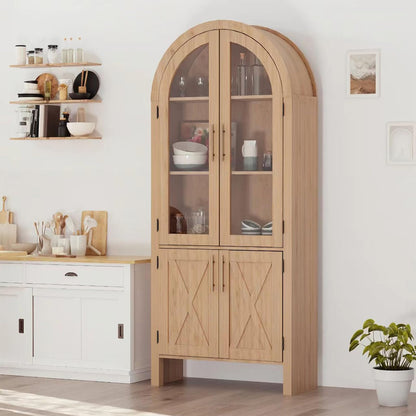 Garvee 60" Kitchen Pantry Storage Cabinet, Large Arched Display Cabinet with 4 Glass Doors, 4-Tier Freestanding Organizer for Bathroom, Entryway, Dining Room, Modern Wood Storage Hutch