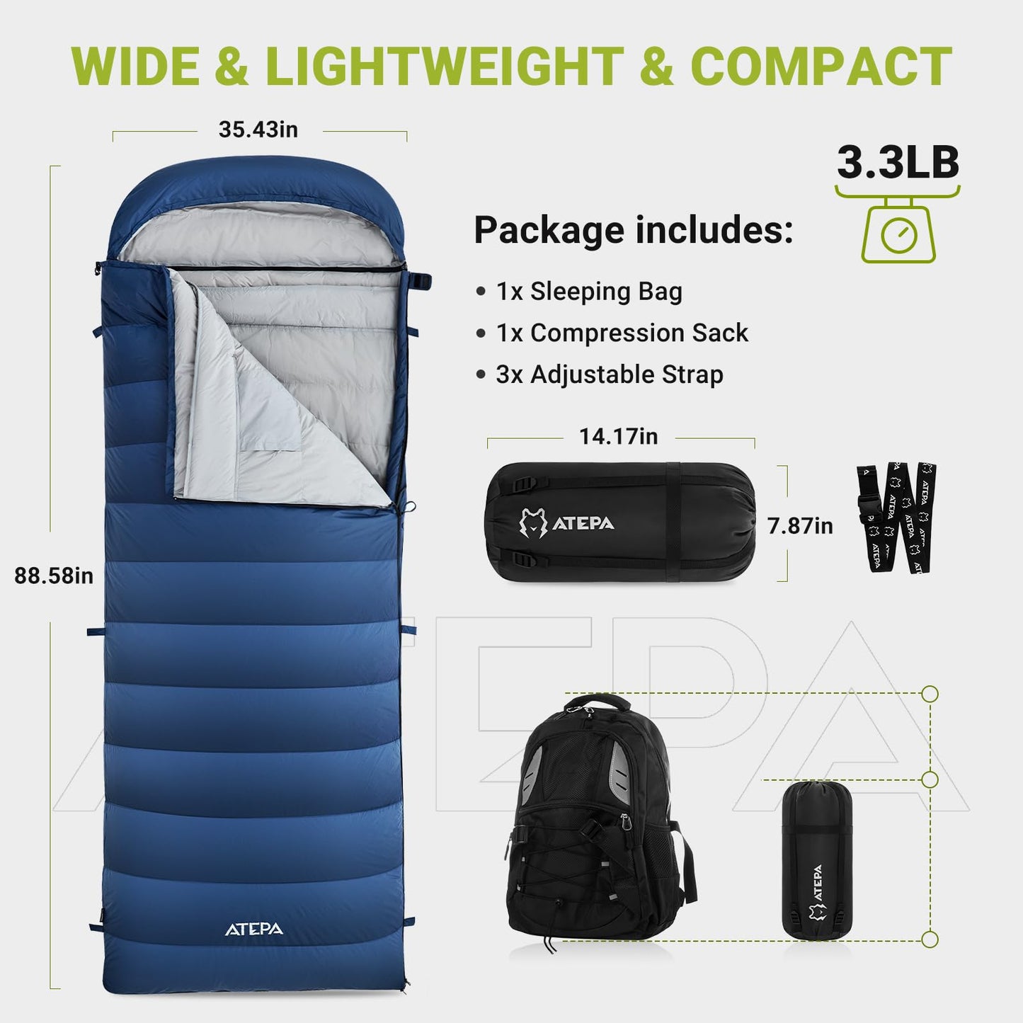 ATEPA 3-in-1 Hybrid Down Sleeping Bag, 650FP Ultralight Backpacking Sleeping Bag for Big and Tall, XL Wide 3-Season Sleeping Bag with Pad Attachment Straps & Detachable Hood for Hiking, 30°F Limit