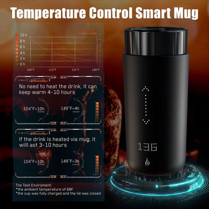 LEGARDLILIU Temperature Control Heated Coffee Mug Smart Self Heating Travel Mug 12 Oz App Controlled Warmer Mug 4-10 Hour LED Display Keep Coffee Hot Fast Wireless Charger Base Dull Black