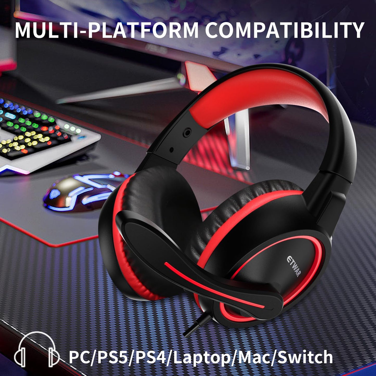 ETWAR B3 Gaming Headset for Nintendo Switch, Xbox One, PS4, Mega Bass Surround and Noise Cancelling 3.5mm Jack Over Ear Headphones with Mic for Laptop PC Red