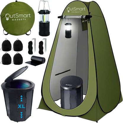 Outsmart Gadgets Portable Toilet Kit for Adults with Camping Night Lantern, Folding XL Toilet Seat, Pop Up Privacy Tent and Carry Bags, Multipurpose Potty, Washable Foldable for RV and Travel